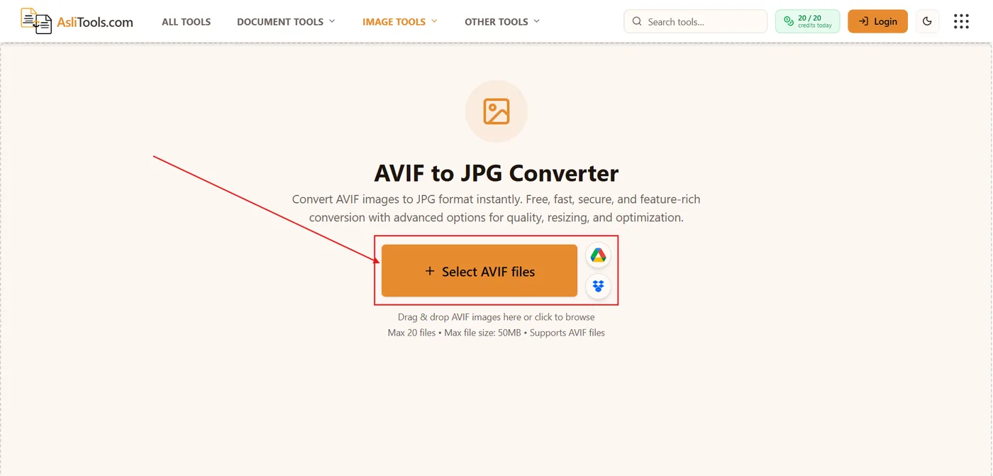 Asli Tools free AVIF to JPG converter for turning AVIF images into JPG files in the browser