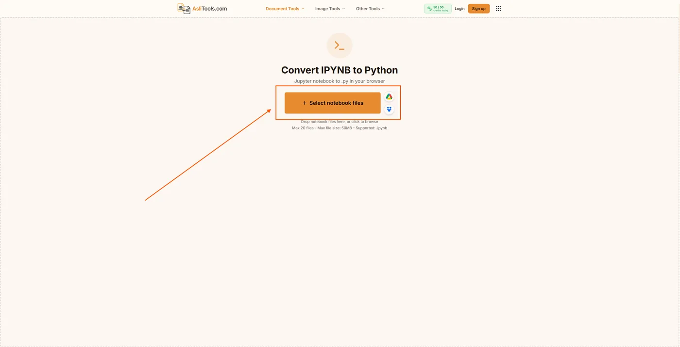 AsliTools free IPYNB to Python converter for turning Jupyter notebooks into Python scripts in the browser