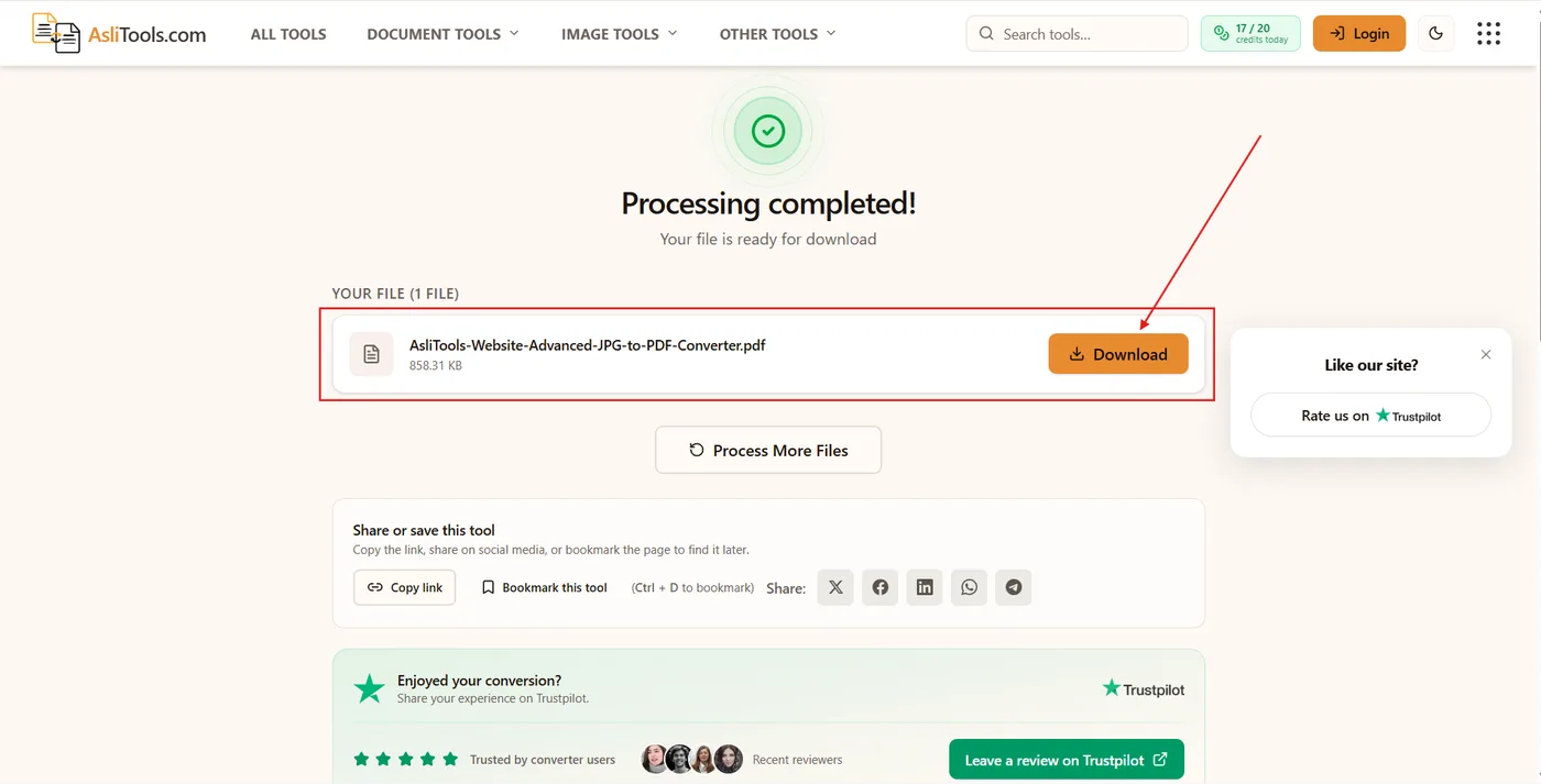 Download the converted PDF after JPG to PDF conversion on Asli Tools