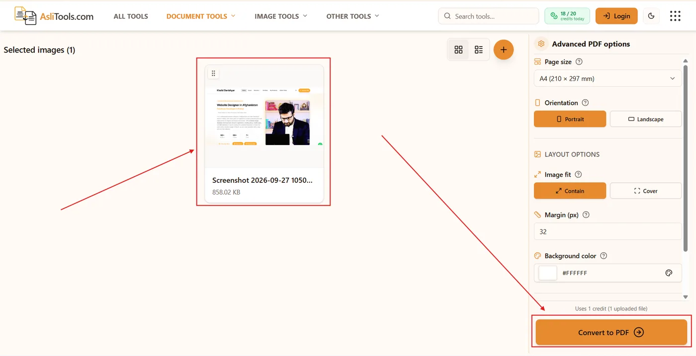 Set page size, orientation, margins, and convert JPG to PDF
