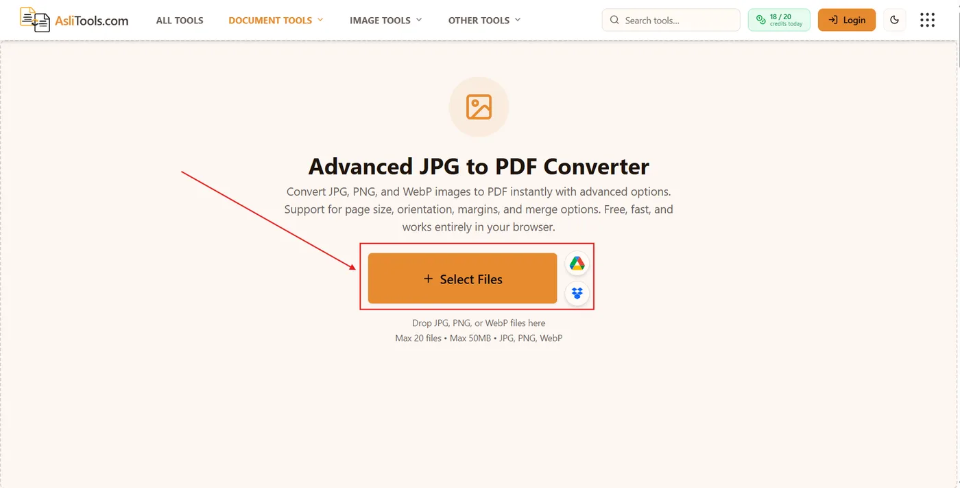 Asli Tools JPG to PDF converter — select images to convert online