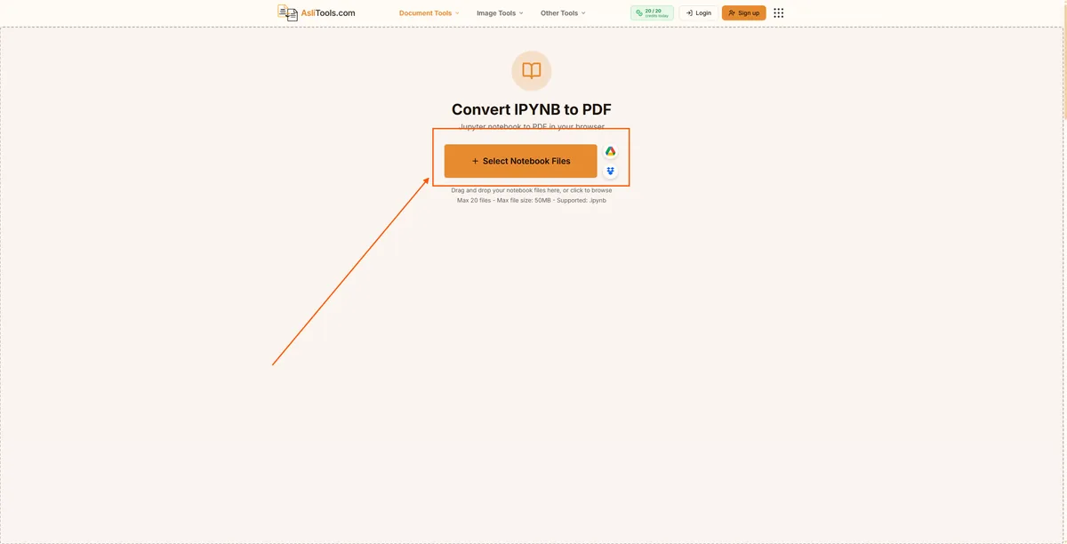 AsliTools free IPYNB to PDF converter for turning Jupyter notebooks into print-ready PDFs in the browser