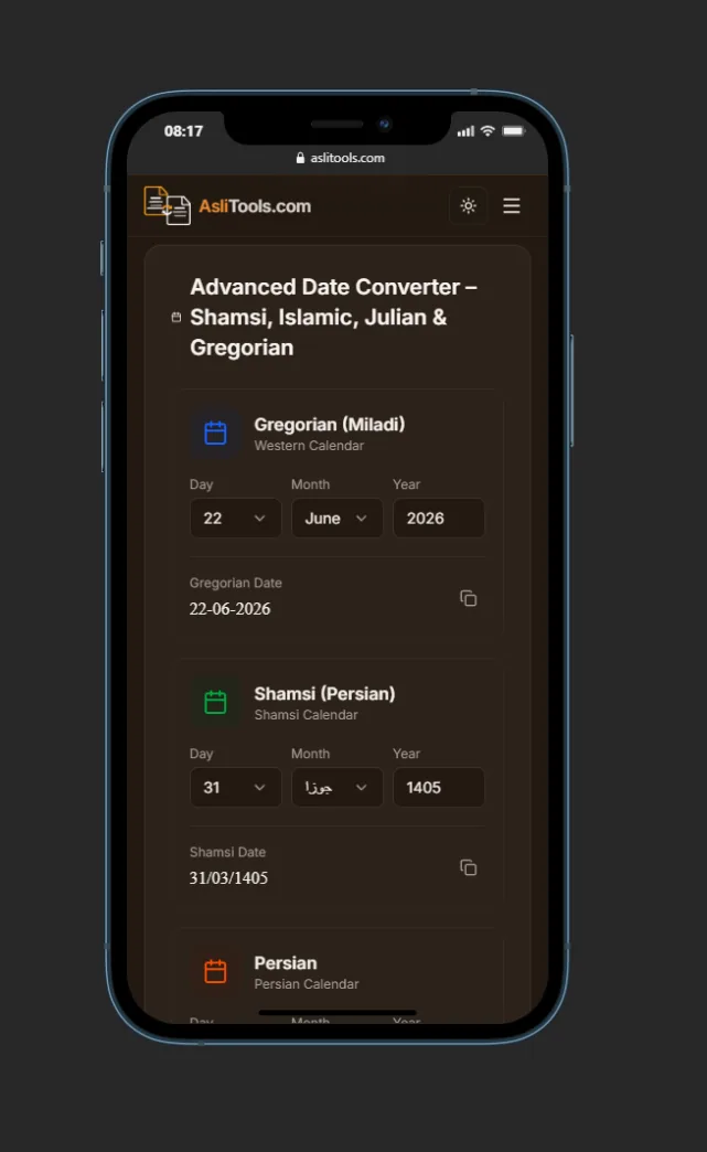 Asli Tools date converter on a mobile phone showing Gregorian and Shamsi calendar inputs
