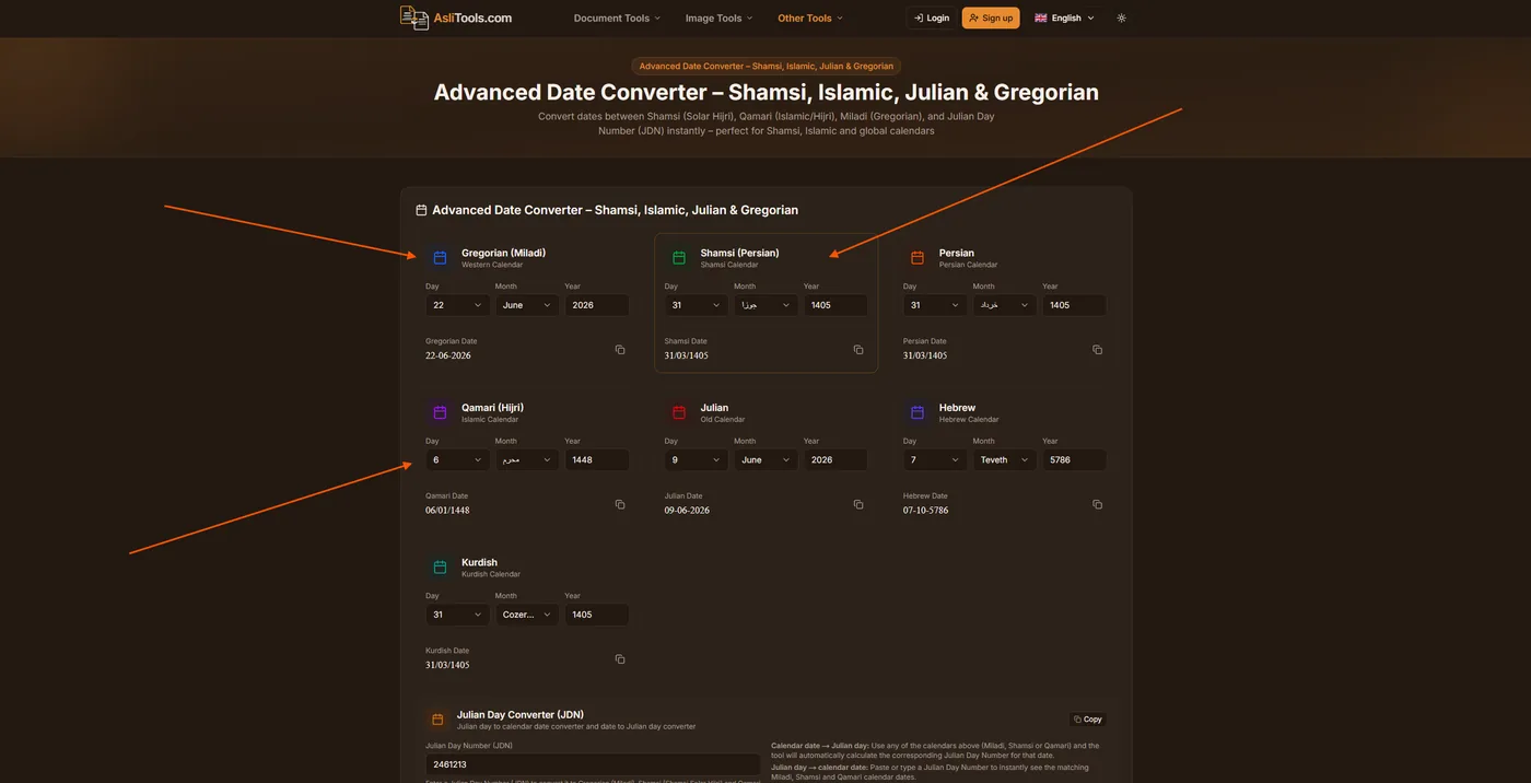 Asli Tools free online date converter showing Gregorian, Shamsi, Persian, Qamari, Julian, Hebrew, and Kurdish calendar dates side by side