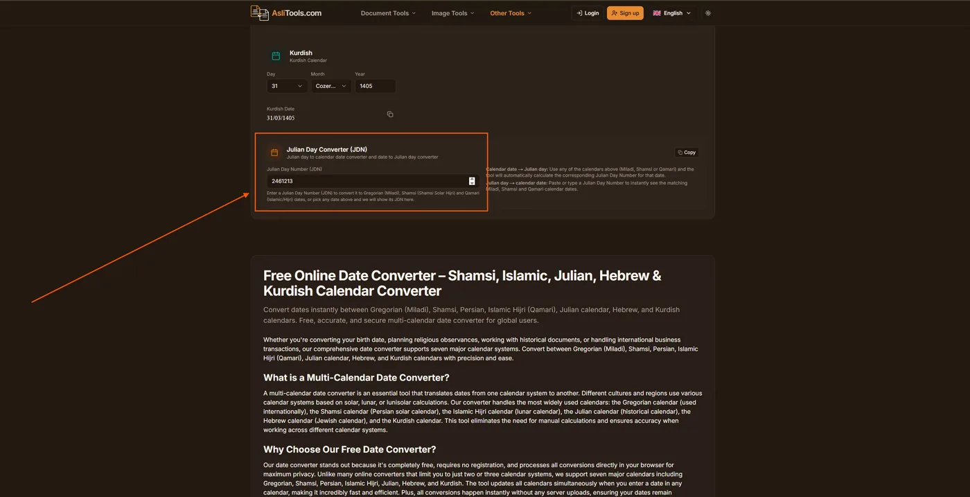 Julian Day Number converter section in the Asli Tools date converter