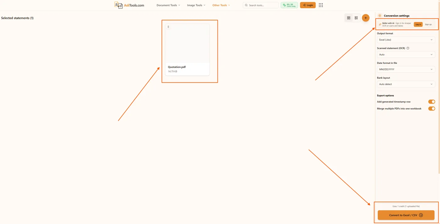 Review extracted bank statement rows before downloading your spreadsheet