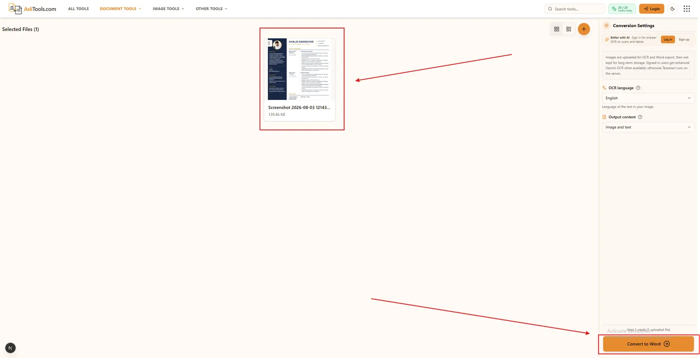OCR language and content mode settings for PNG to Word