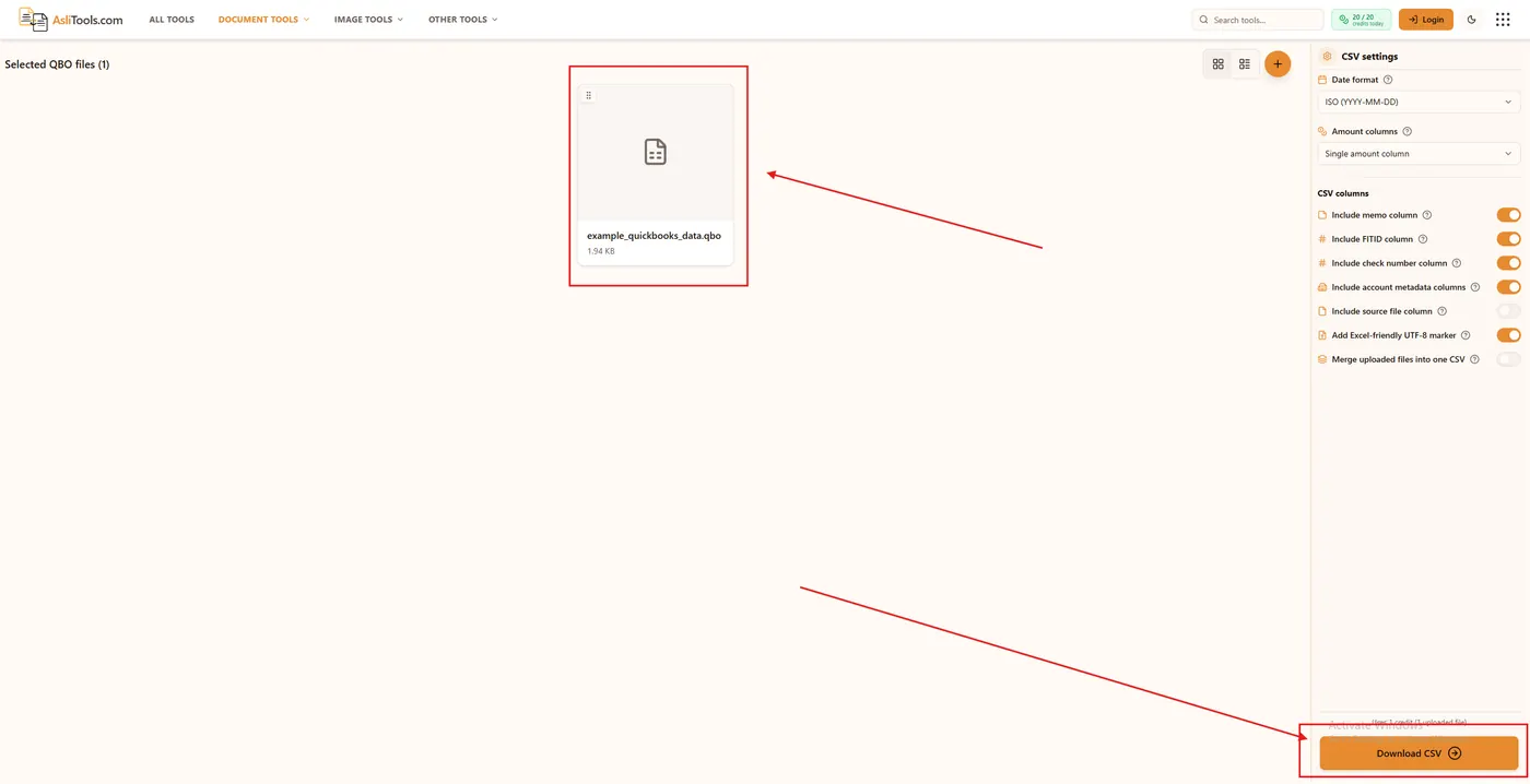 Download CSV after converting a QBO file on Asli Tools