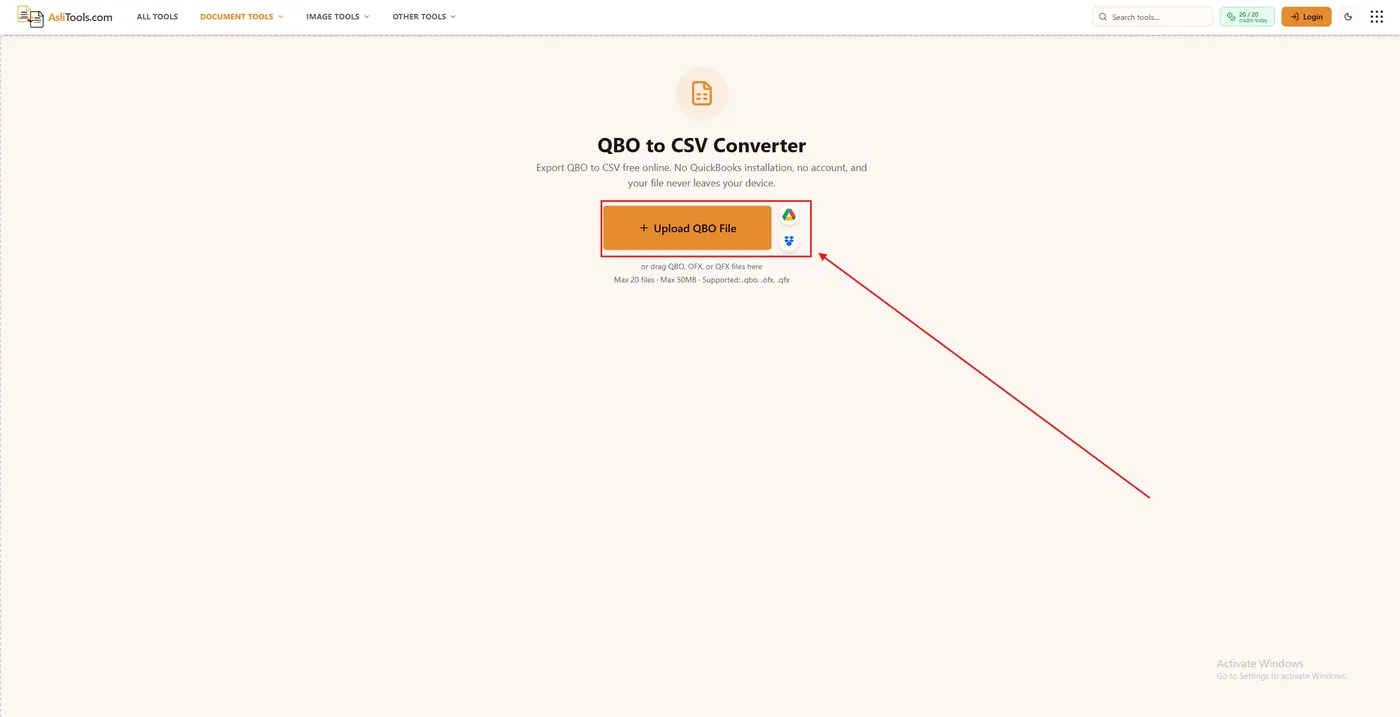 Asli Tools QBO to CSV converter with Upload QBO File button for browser-based conversion