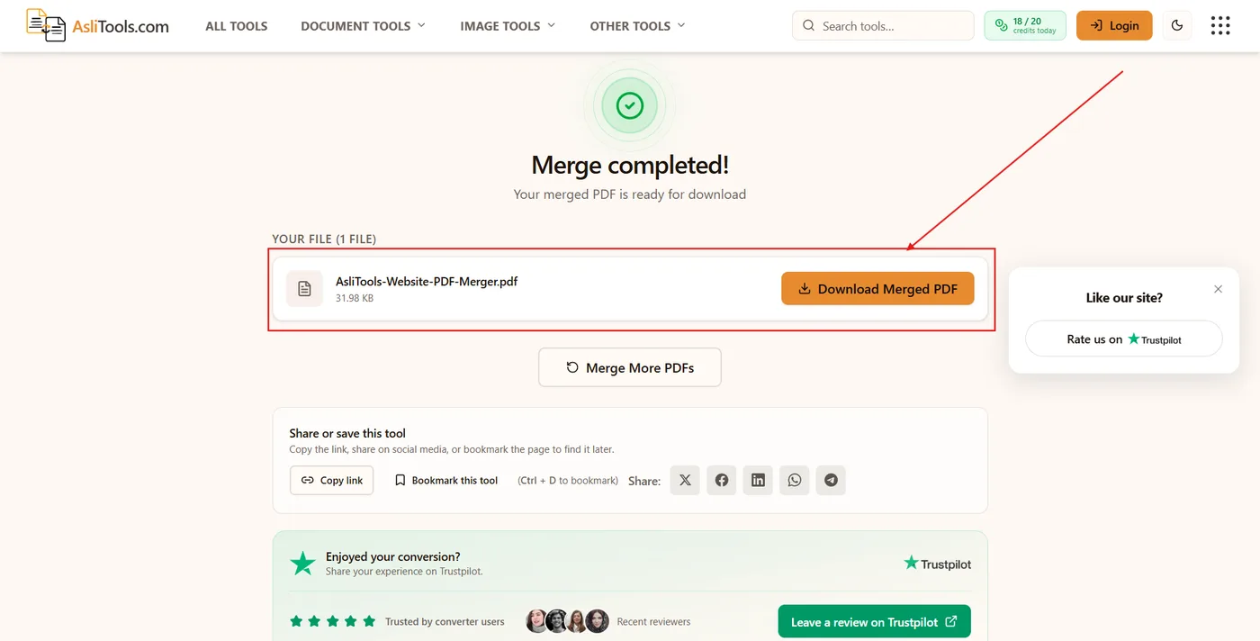 Download the merged PDF after a successful merge on Asli Tools