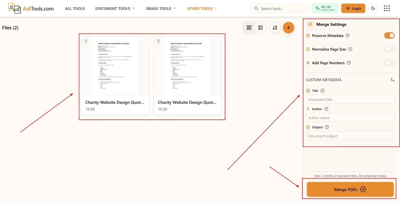 Reorder uploaded PDFs and adjust merge settings before combining