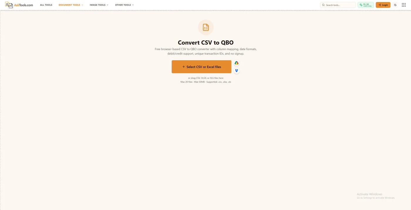 Asli Tools CSV to QBO converter for importing bank transactions into QuickBooks