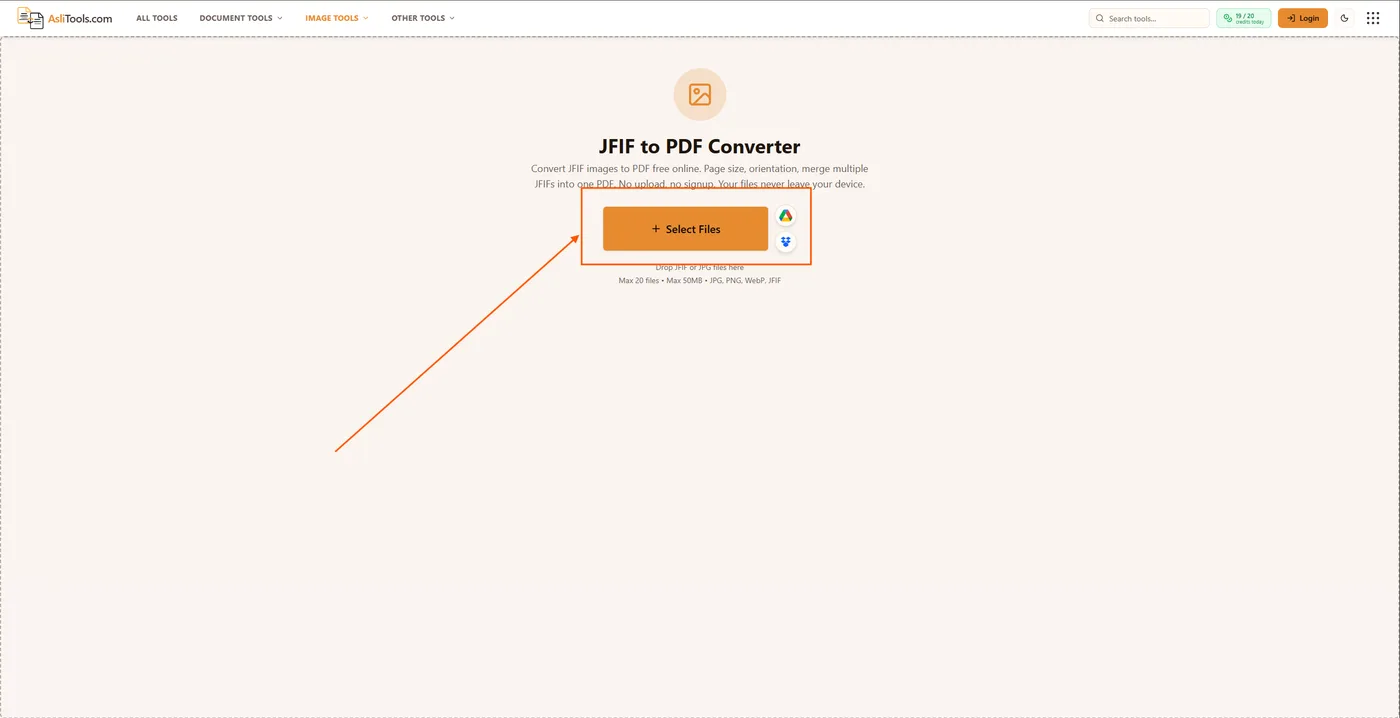Asli Tools free JFIF to PDF converter for turning Windows JFIF photos into shareable PDF files in the browser