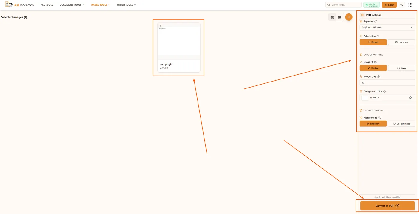 PDF conversion options including page size, orientation, and margins on Asli Tools