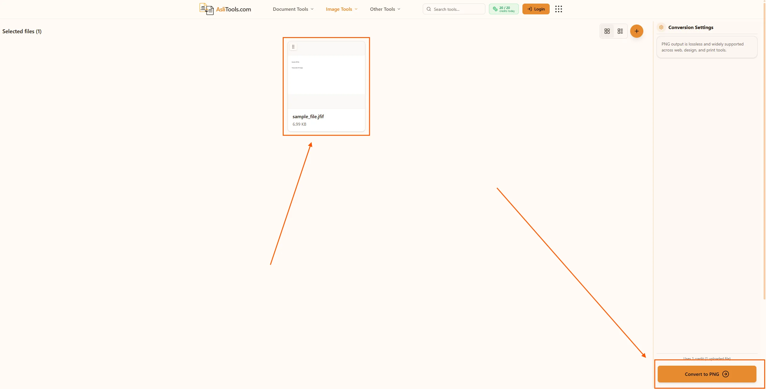 Select your JFIF file and click Convert to PNG