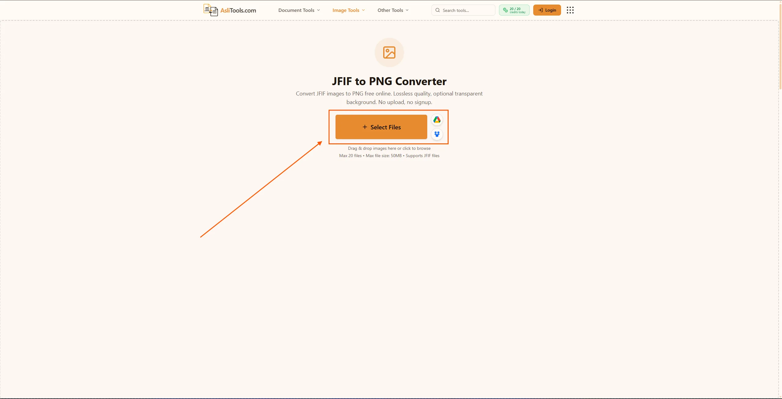 Upload your JFIF file to the AsliTools JFIF to PNG converter