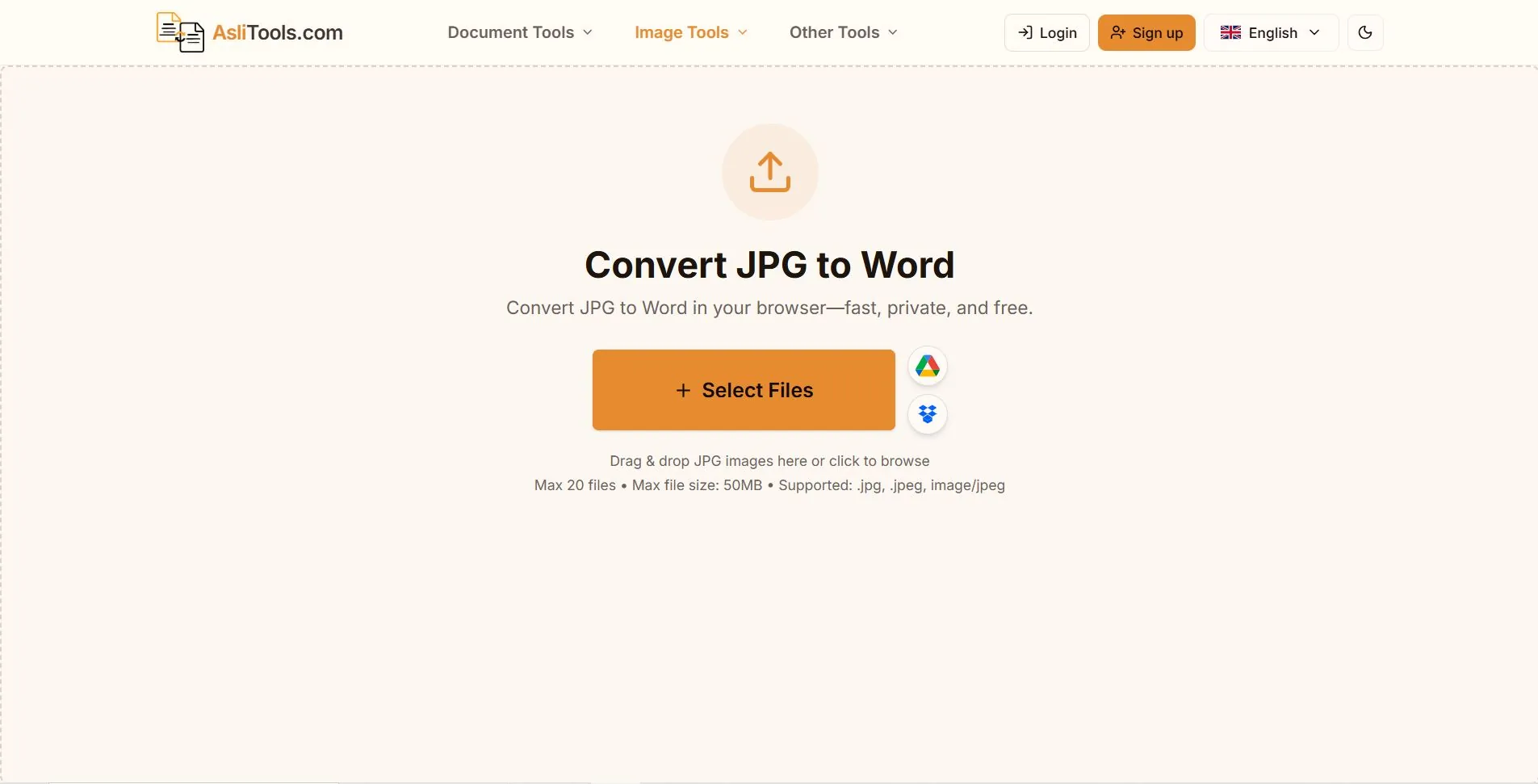Asli Tools JPG to Word converter upload screen for turning images into editable DOCX files