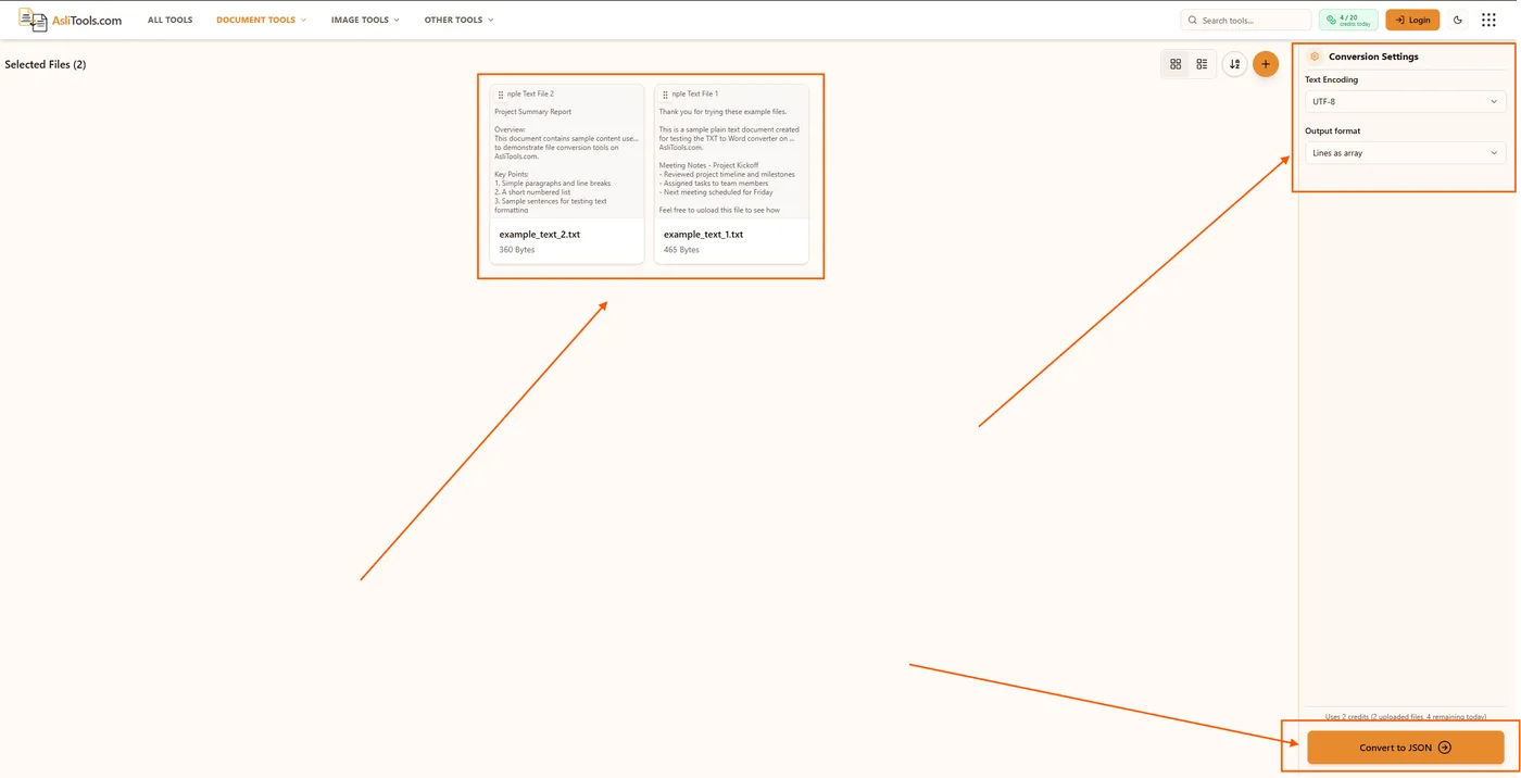 Choose UTF-8 encoding and JSON output format in the TXT to JSON converter