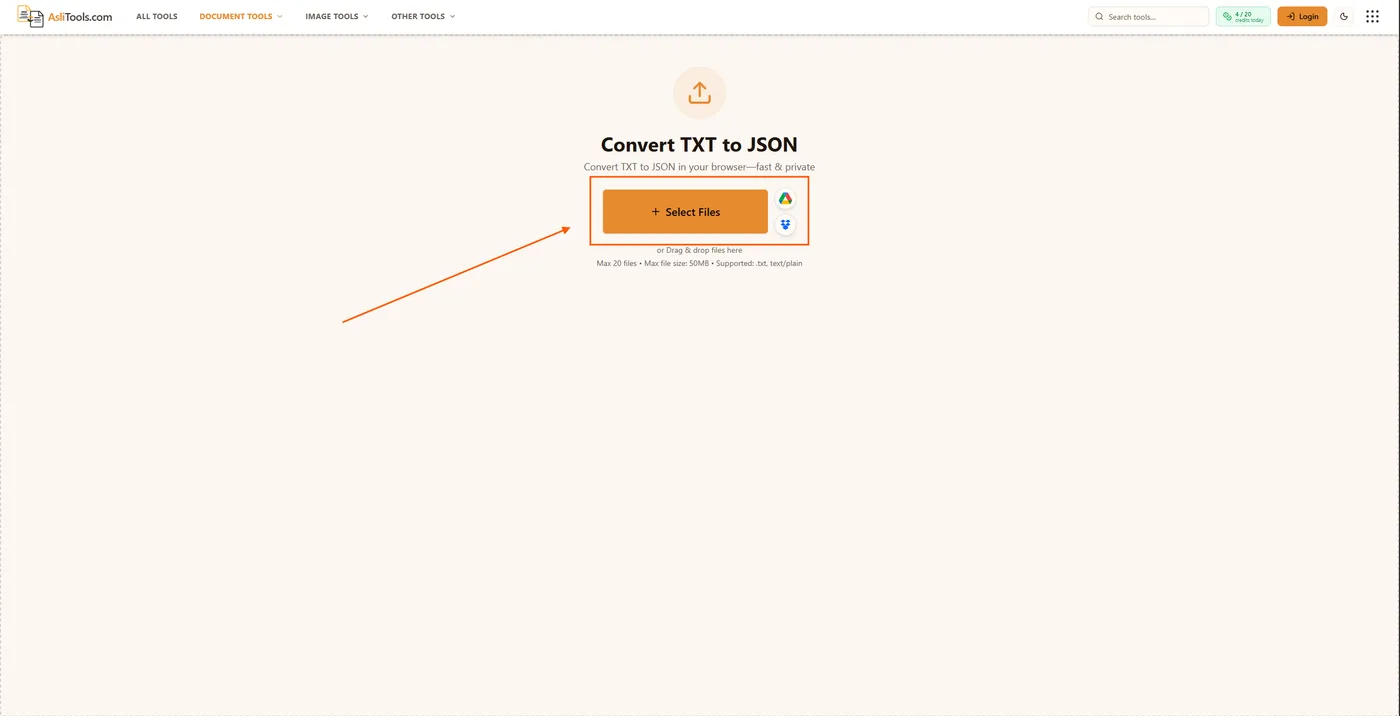 Asli Tools TXT to JSON converter upload page for converting plain text files to JSON
