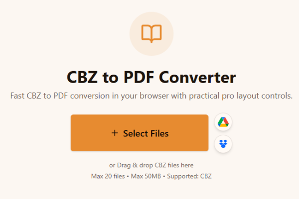 Selecting CBZ files in the CBZ to PDF converter upload area