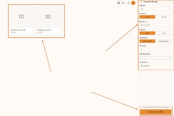 Choosing page size, orientation, and PDF layout settings in the CBZ to PDF converter