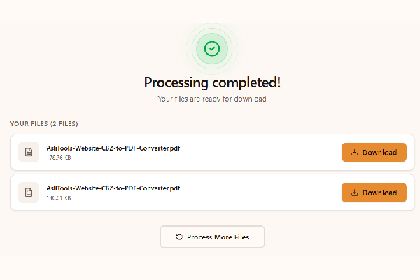Completed CBZ to PDF conversion with PDF files ready to download