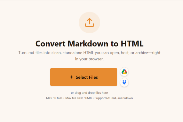 Selecting Markdown files in the Markdown to HTML converter upload area