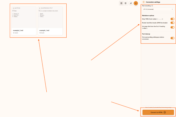 Choosing Markdown parsing and conversion settings in the Markdown to HTML converter