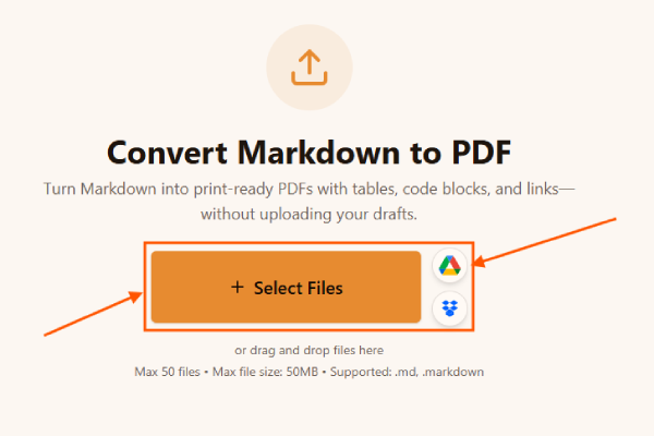 Selecting Markdown files in the Markdown to PDF converter upload area