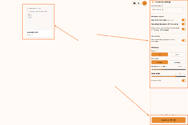 Choosing Markdown parsing and PDF layout settings in the Markdown to PDF converter