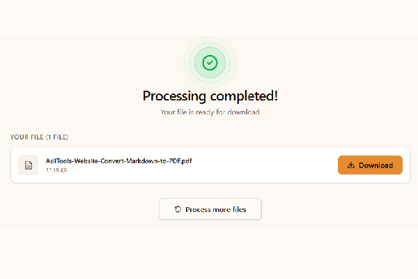 Completed Markdown to PDF conversion with PDF files ready to download