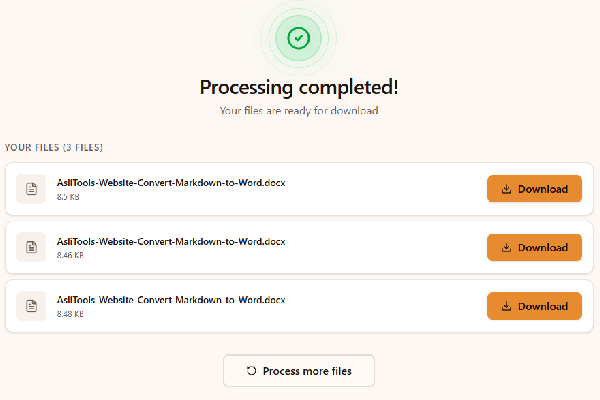 Completed Markdown to Word conversion with DOCX files ready to download