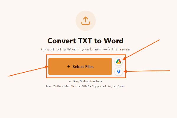 Uploading a TXT file to the TXT to Word converter