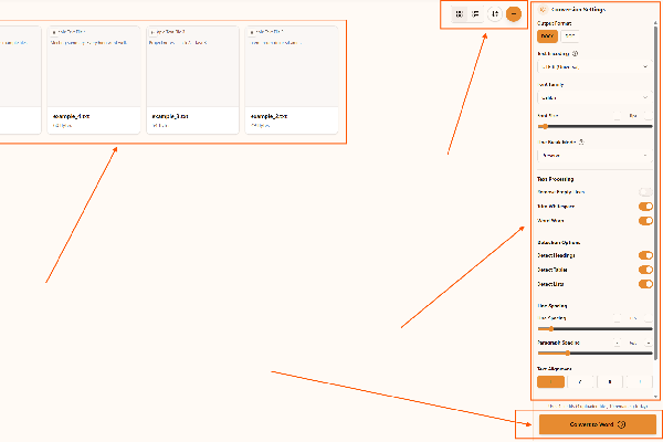 Selecting DOCX output format and conversion settings in the TXT to Word converter